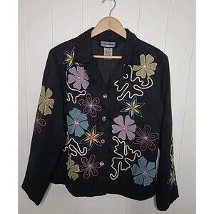 Vintage Indigo Moon Jacket Womens Size Large Boho Artsy Floral Applique